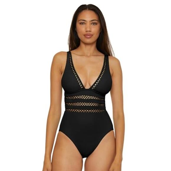 BECCA Women's Toni Plunge One Piece Swimsuit Small Black Modern Edge Rib NWT - Picture 1 of 10